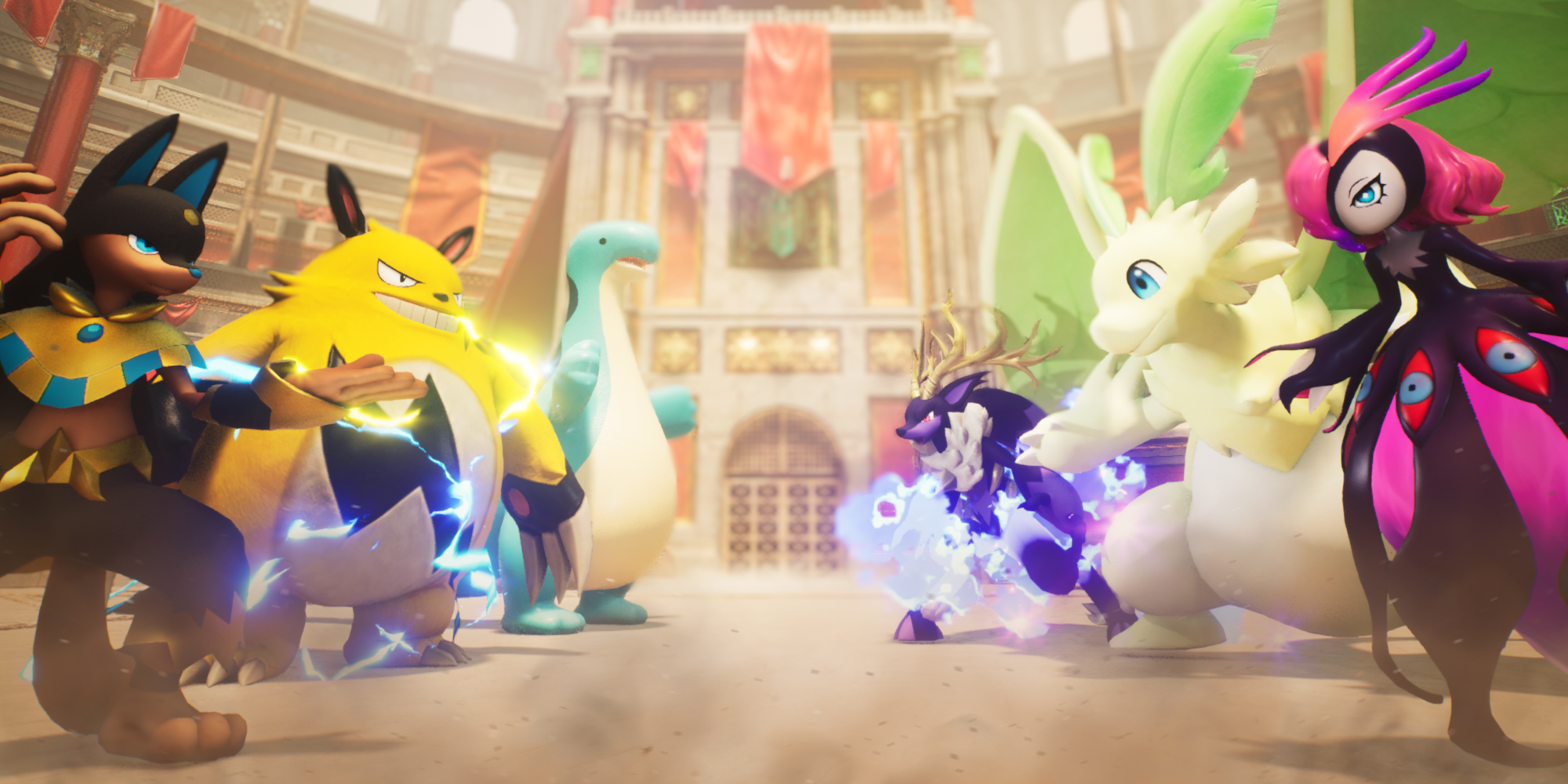 Official image from Pocketpair's press kit showing pals in an arena. 