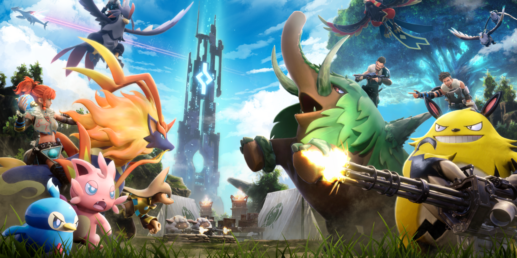 A press image released by Pocketpair depicting a chaotic battle scene between pals and humans.