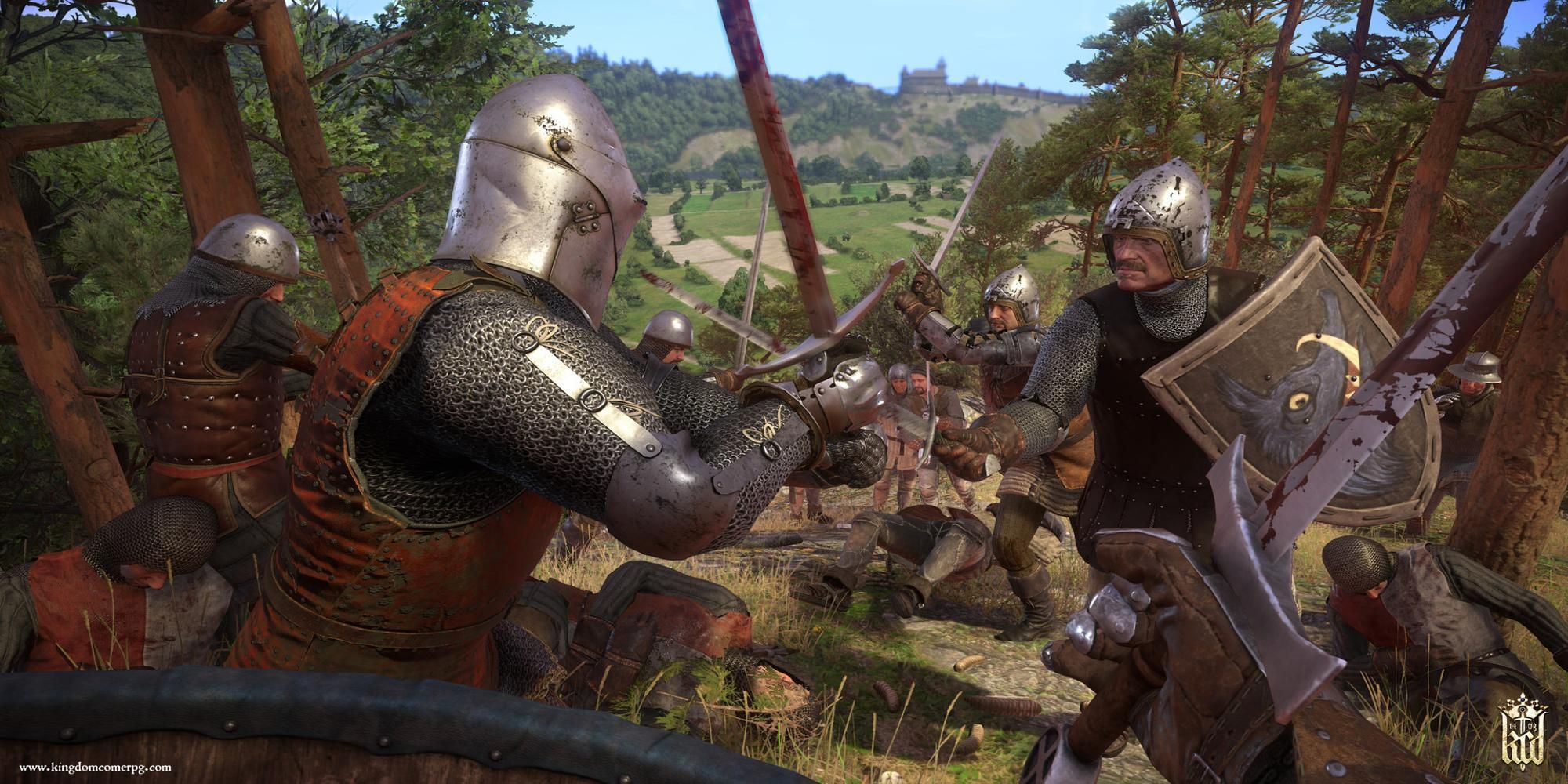 A battle scene with two armies fighting each other with swords and shields in Kingdom Come Deliverance