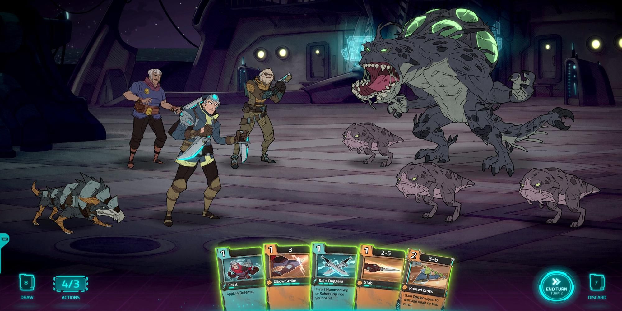 A group of characters fighting monsters using cards in Griftlands