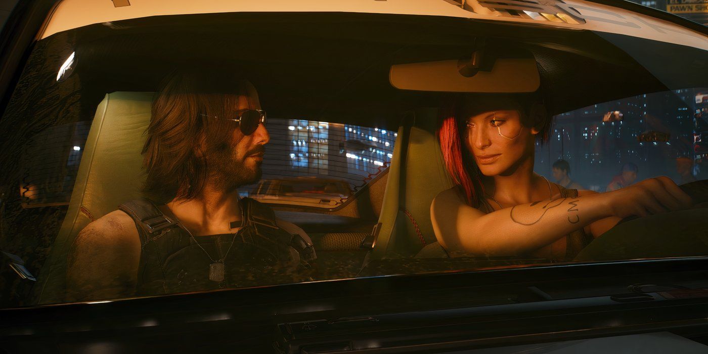 Cyberpunk-2077-Johnny-Silverhand-and-female-V-hanging-out-in-car