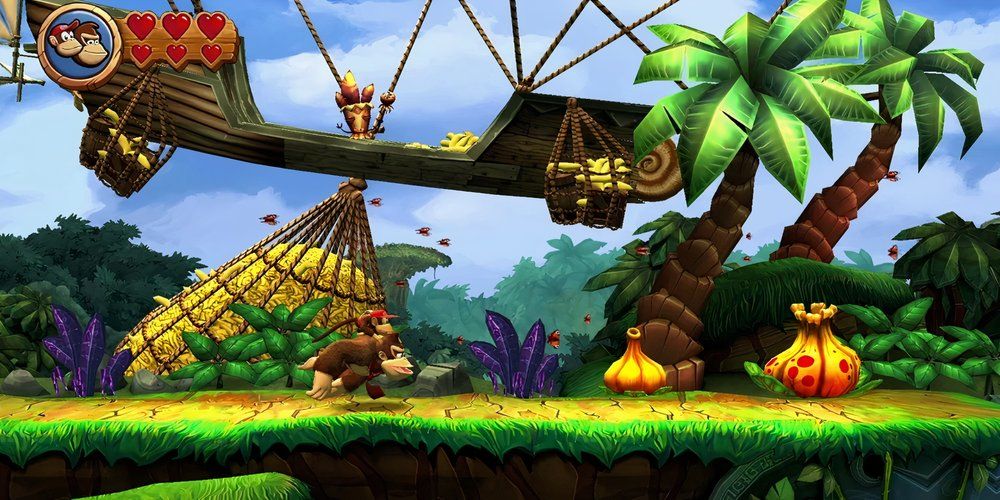 Donkey-Kong-Country-Returns-HD-Diddy-Kong-riding-on-Donkey-Kong's-back-chasing-airchip-stealing-bananas