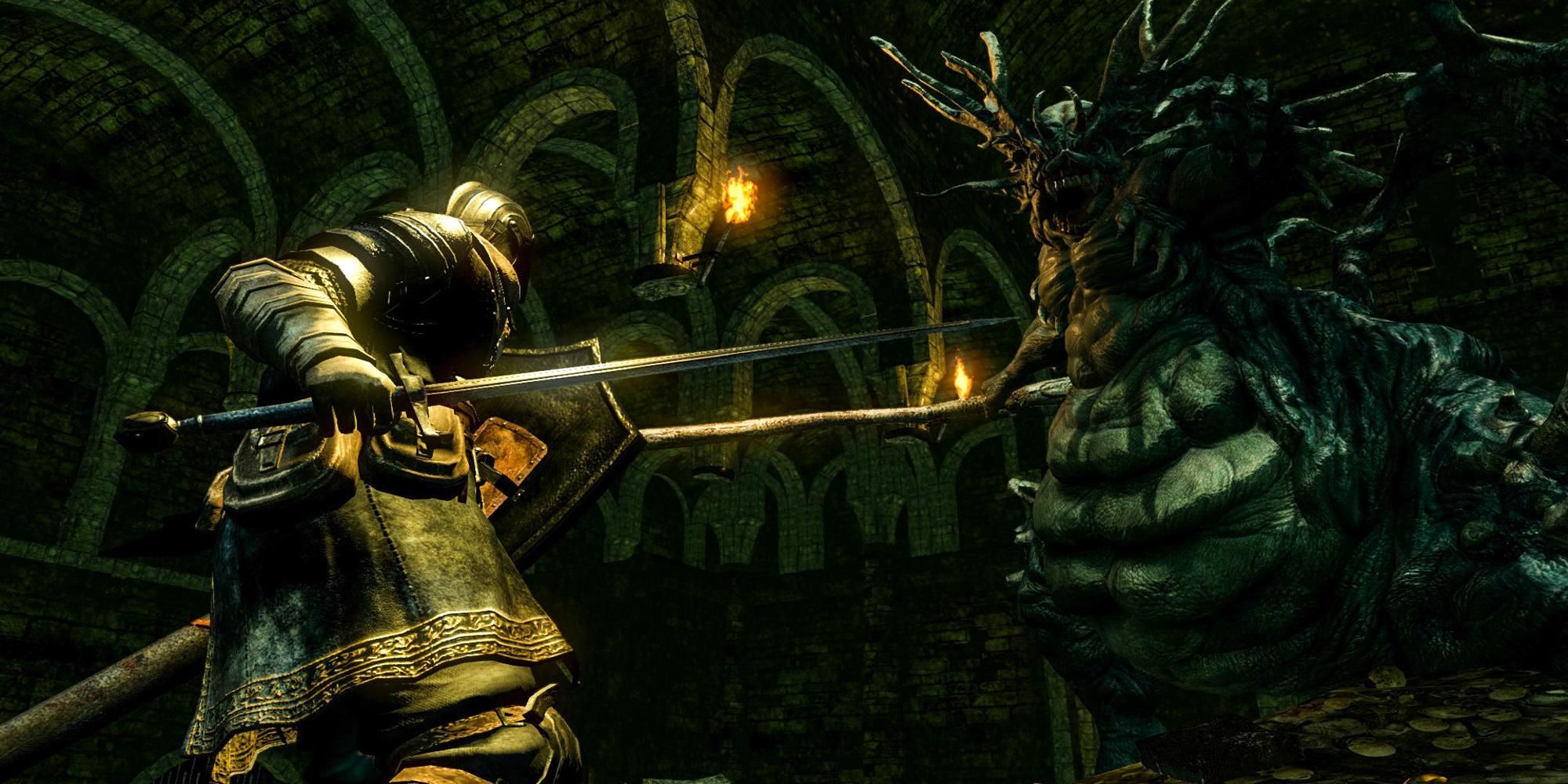 Fighting a boss in Dark Souls Remastered