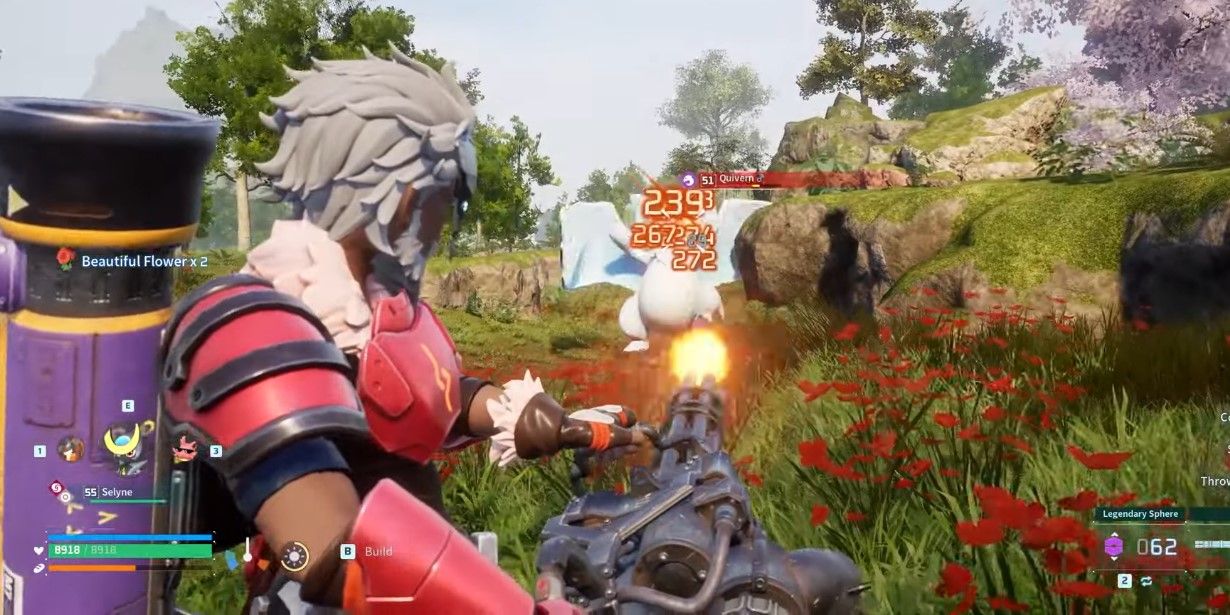 Shooting a Gatling Gun in Palworld