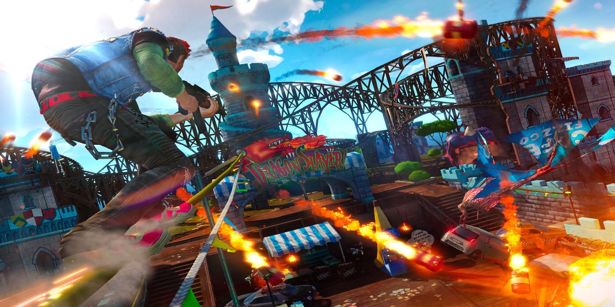 Grinding on the rails while shooting bullts in Sunset Overdrive