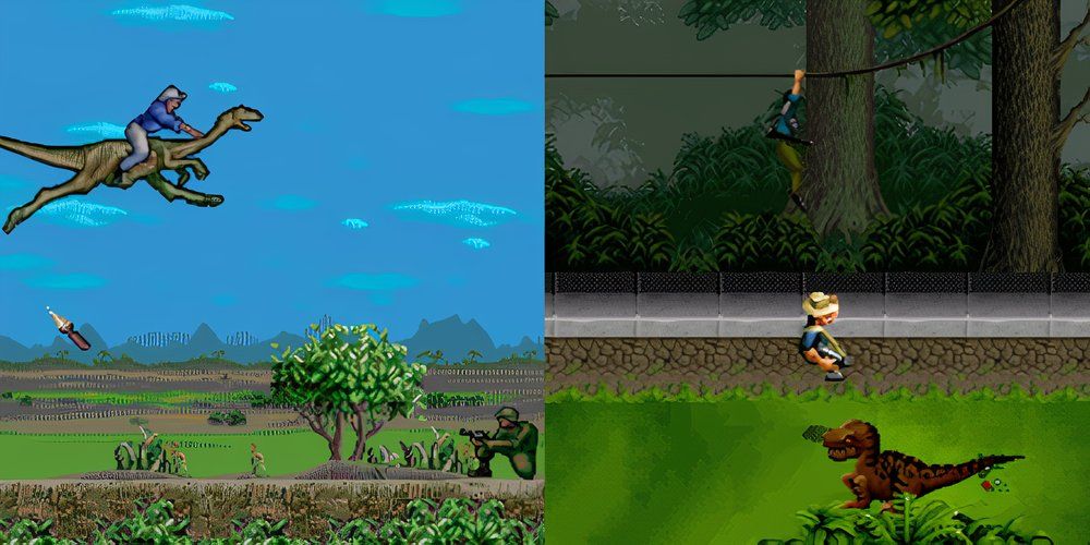 Jurassic-Park-Classic-Games-Collection-Doctor-Alan-Grant-riding-dinosaur-sprite-and-Doctor-Alan-Grant-with-gun-in-Jurassic-Park-and-Jurassic-Park-2-The-Chaos-Continues