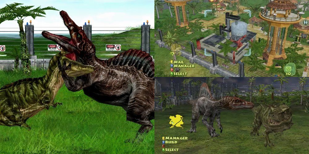 Jurassic-Park-Operation-Genesis-View-of-Park-with-fence-Spinosaurus-looking-at-Tyrannosaurus-Rex-and-Spinosaurus-fighting-Tyrannosaurus-Rex