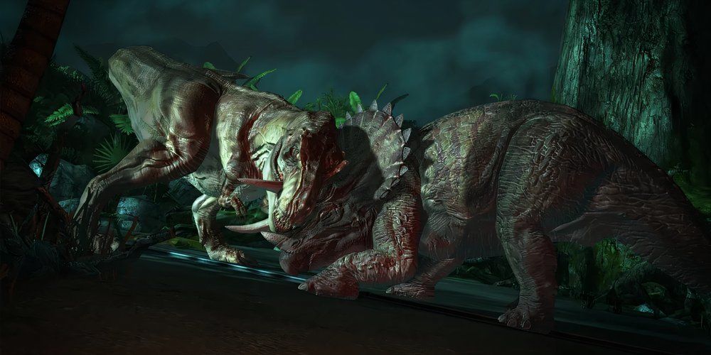 Jurassic-Park-The-Game-Telltale-Tyrannosaurus-Rex-fighting-Triceratops