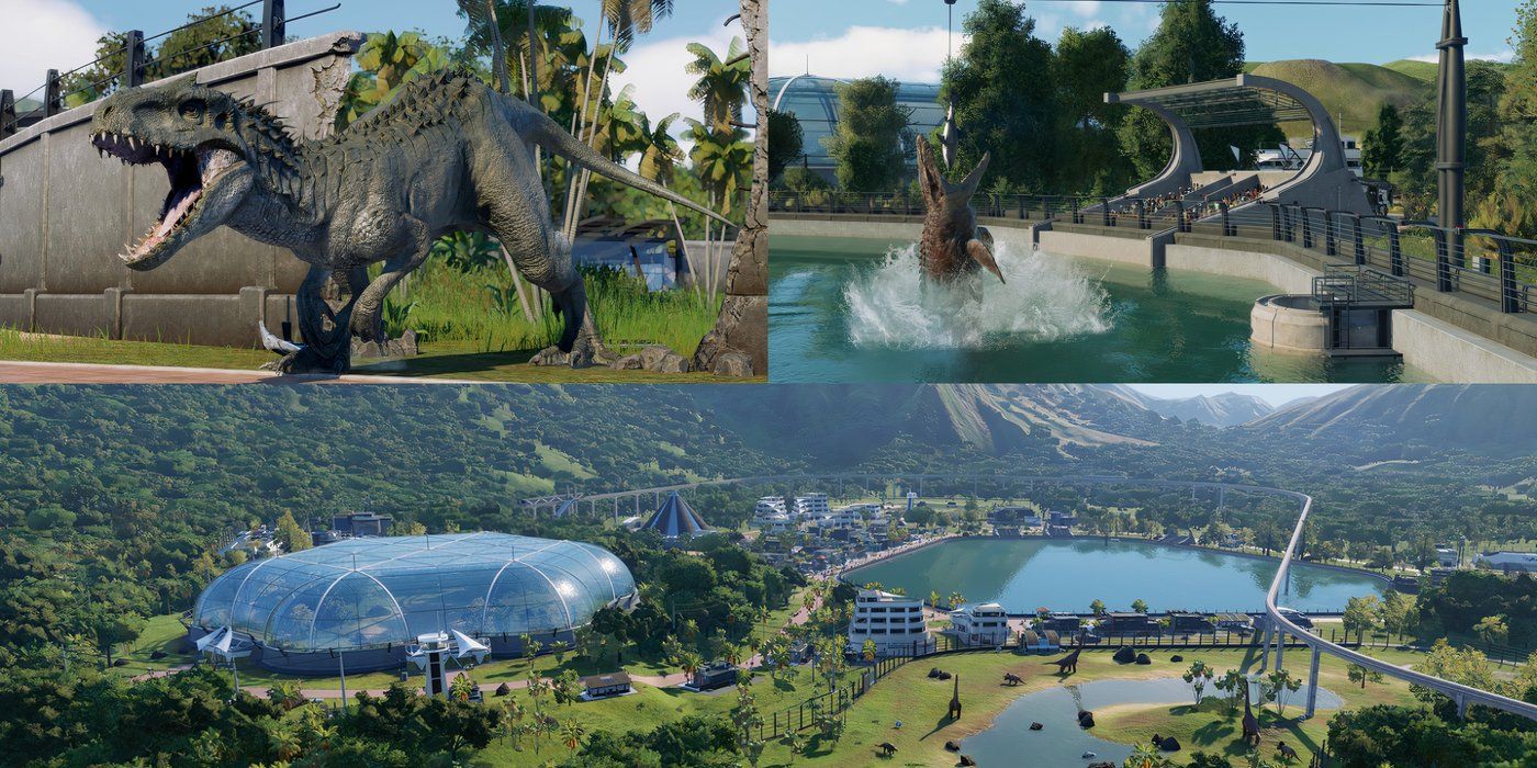 Jurassic-World-Evolution 2-Escaping-Dinosaur-Marine-Reptile-attraction-show-and-overhead-view-of-theme-park