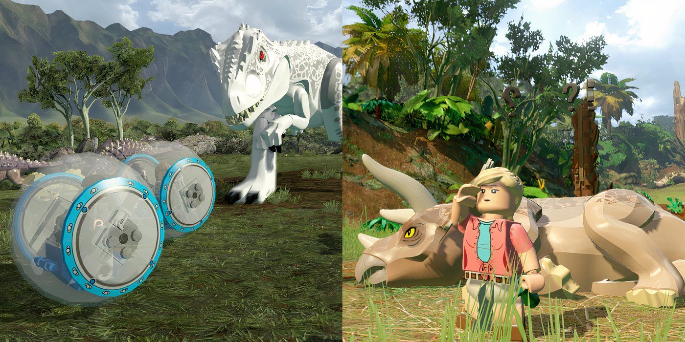 LEGO-Jurassic-World-LEGO-Indominus-Rex-chasing-LEGO-balls-and-LEGO-Dr-Ellie-Sattler-with-LEGO-triceratops