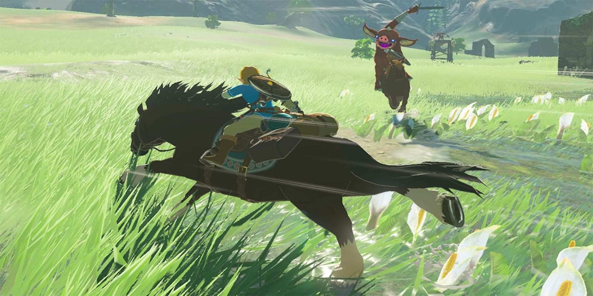 Link running from an enemy on a horse in The Legend of Zelda Breath of the Wild