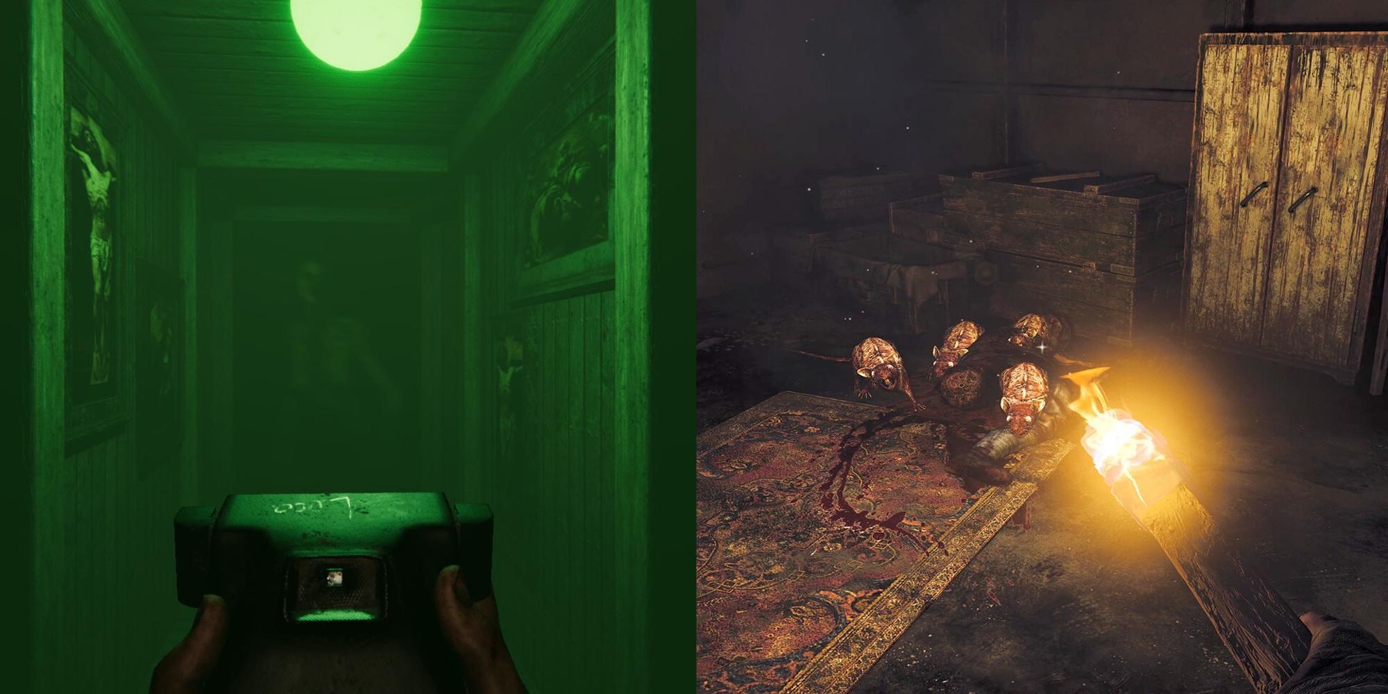 A combined image of a green corridor in Madison and rats feeding on a corpse in Amnesia The Bunker