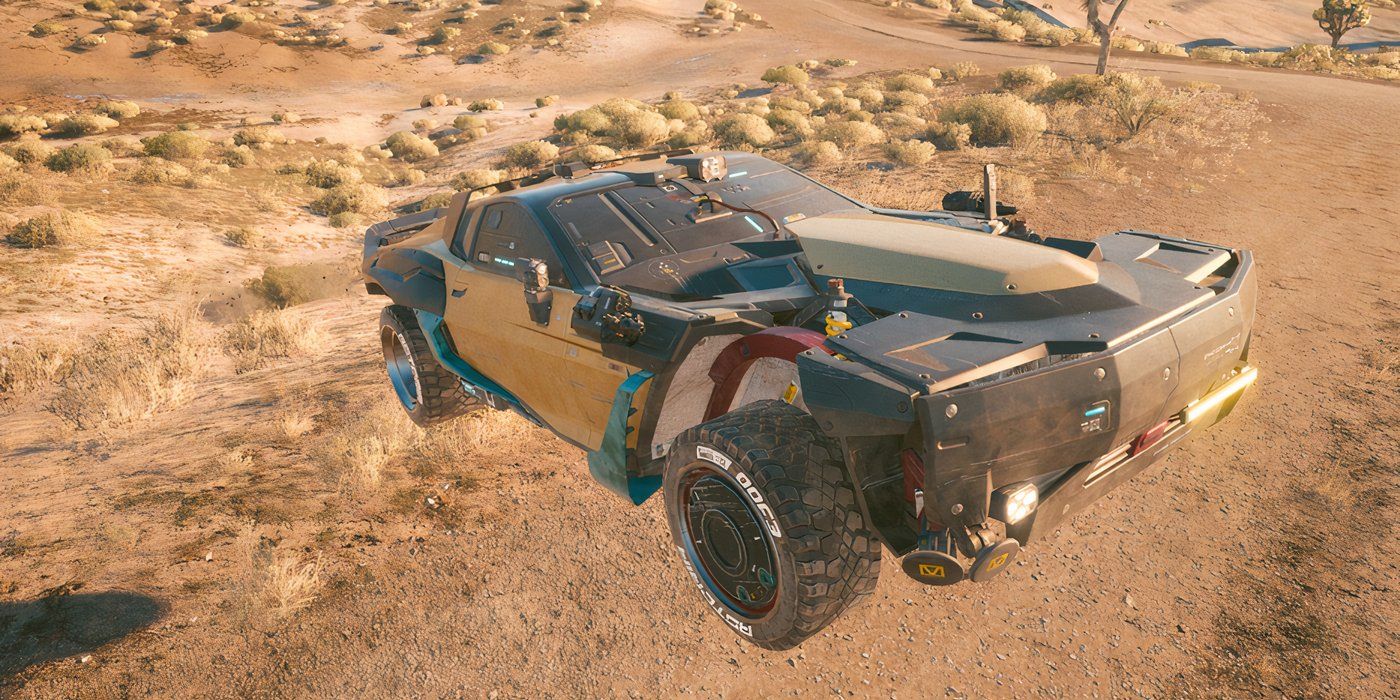Cyberpunk-2077-Quadra-Type-66-Javelina-jumping-over-dirt-road