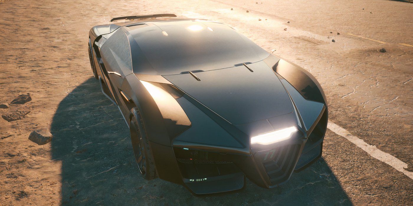 Cyberpunk-2077-V-driving-Rayfield-Caliburn-Murkmobile-through-Badlands