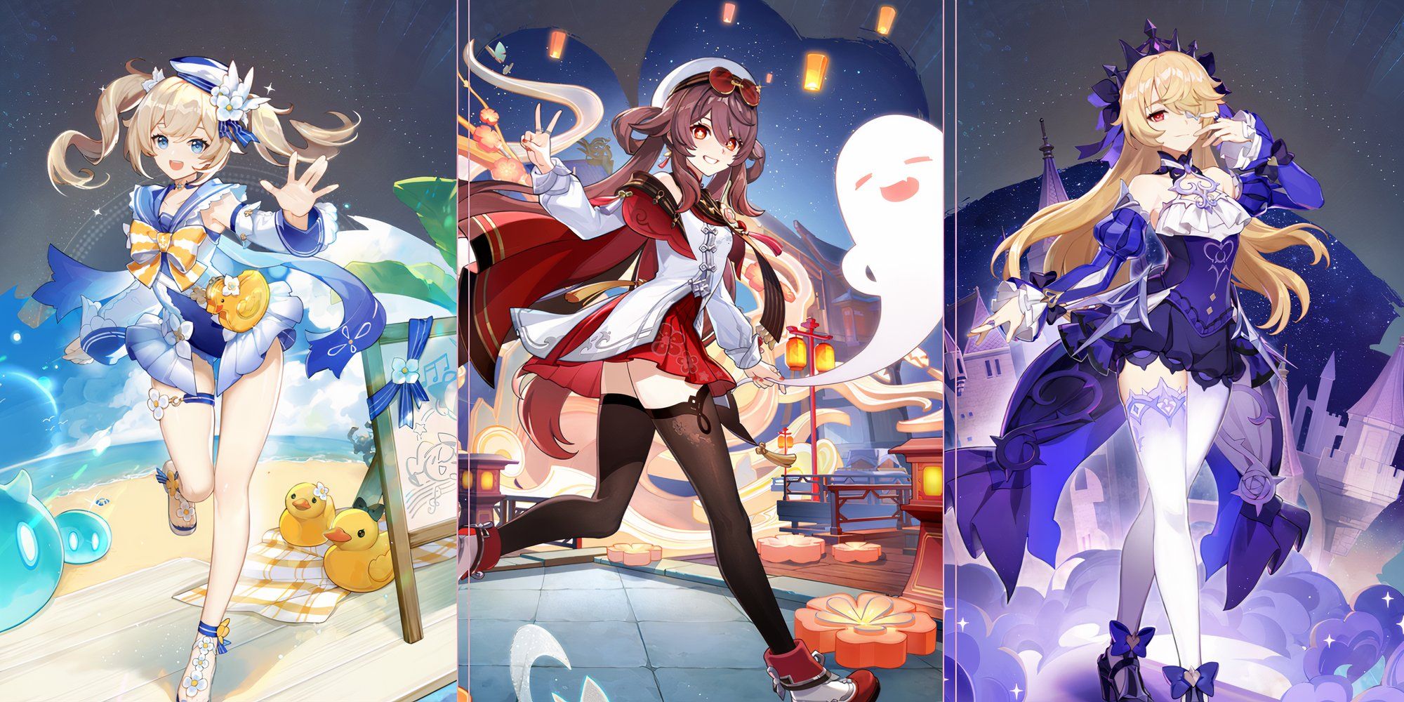 From left to right Barbara, Hu Tao and Fischl's skin splash art