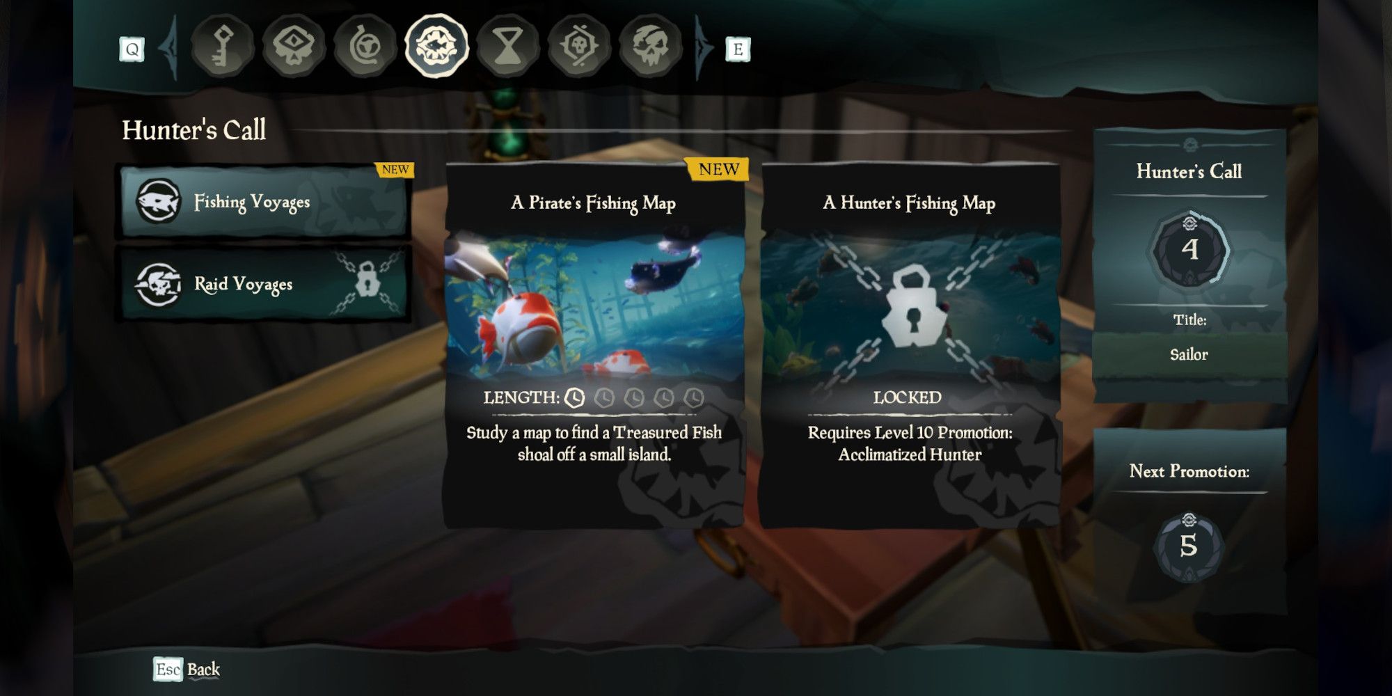 El menú Voyage del cazador en Sea of ​​Thieves.