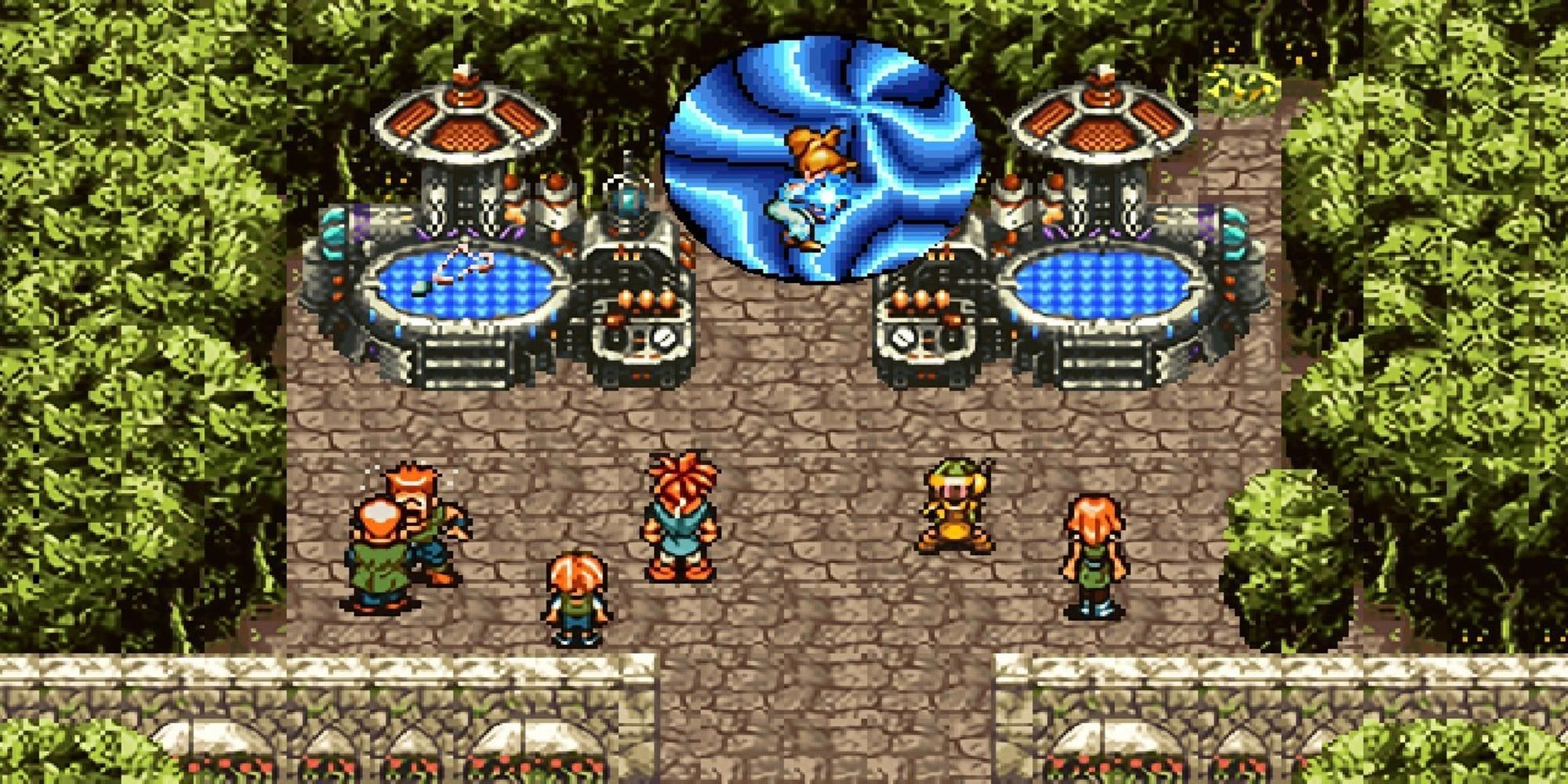 Marle entering a portal with people looking in Chrono Trigger