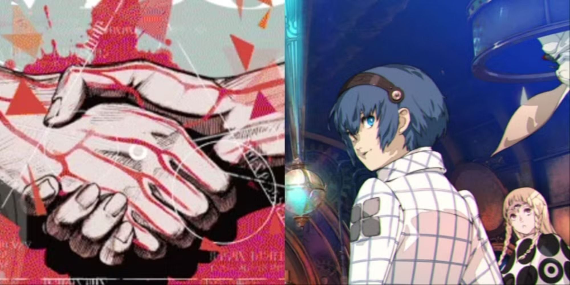 Metaphor ReFantazio split image clasped hands icon and two characters standing together