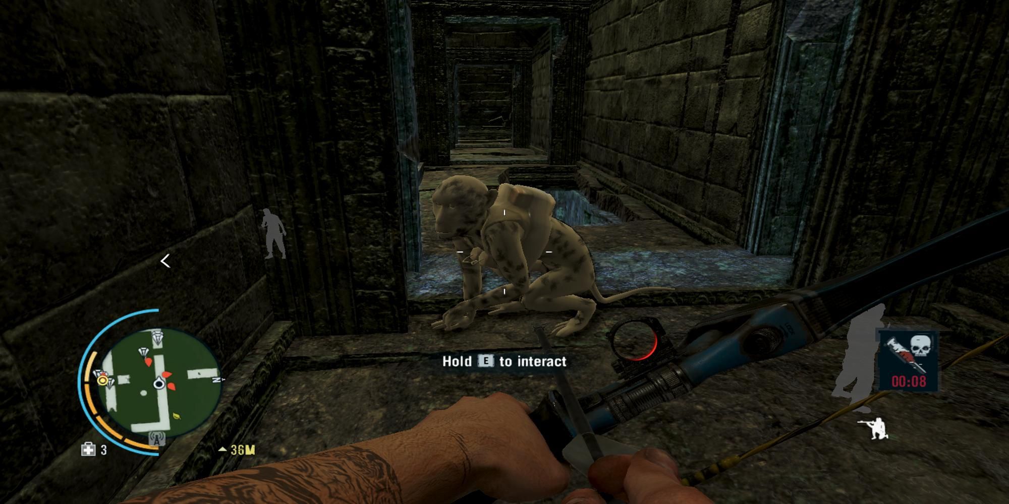 Player aiming bow at a monkey in Far Cry 3 Monkey Business