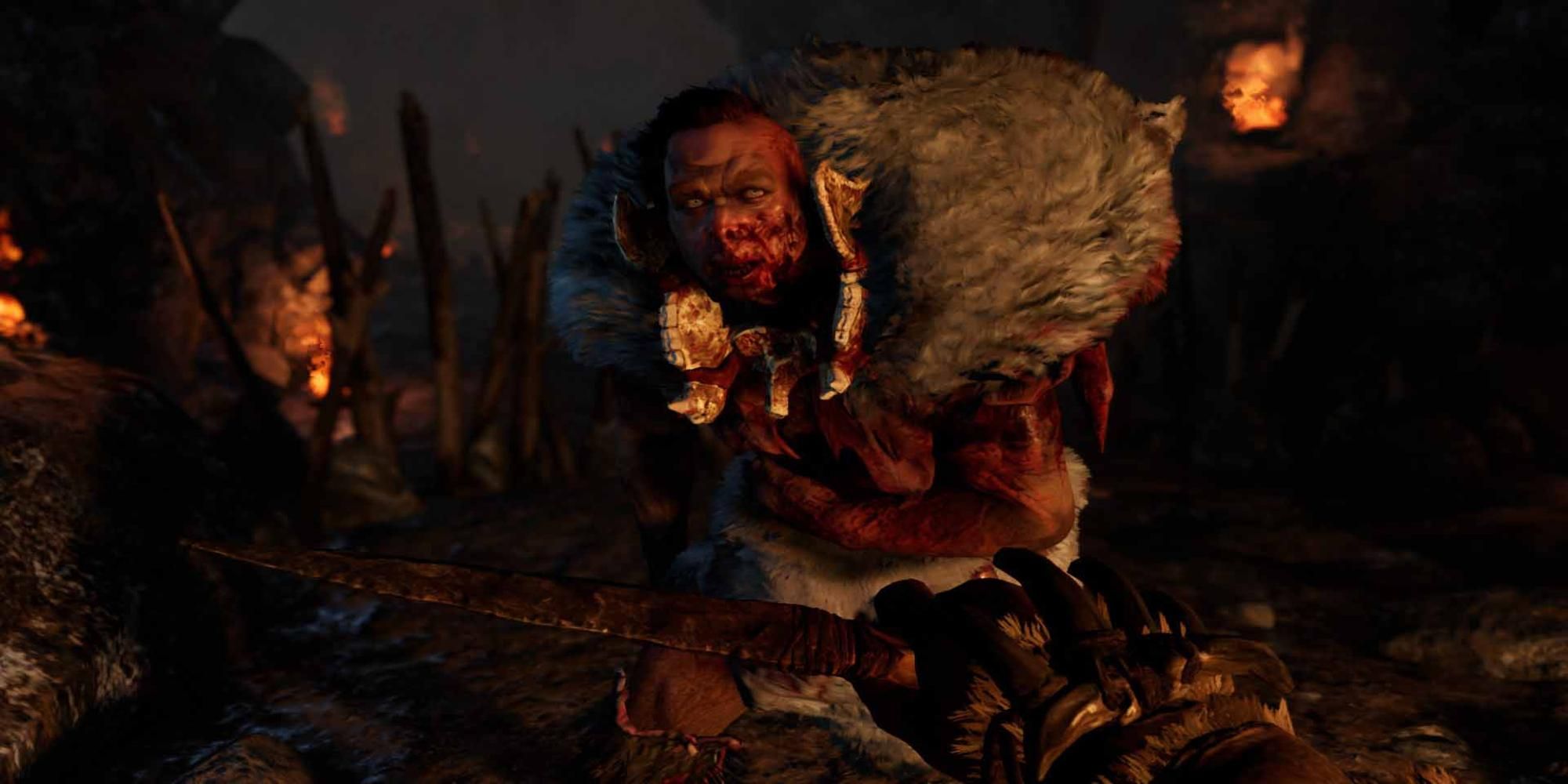 Player holding a knife in one hand with Ull approaching in Far Cry Primal