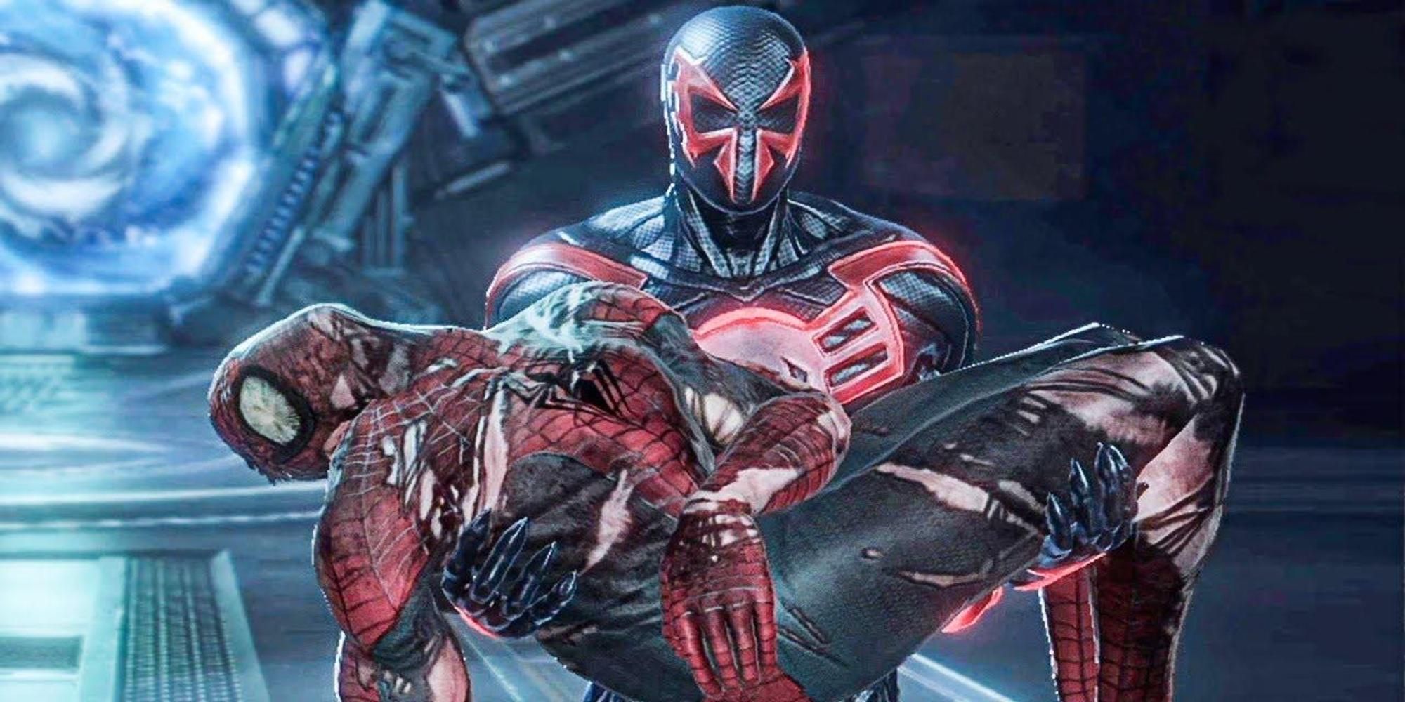 Spider-Man 2099 carrying the Amazing Spider-Man in Spider-Man Edge of Time