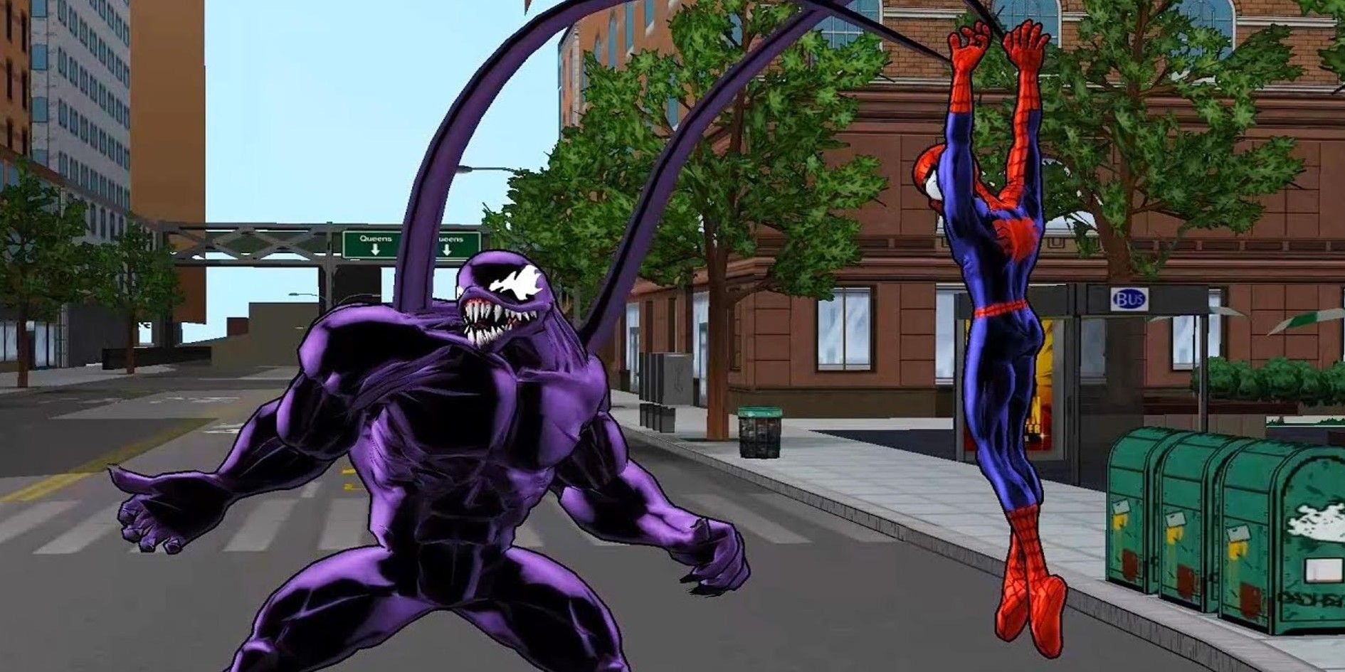 Spider-Man hanging on to Venom's Tentacles in Ultimate Spider-Man