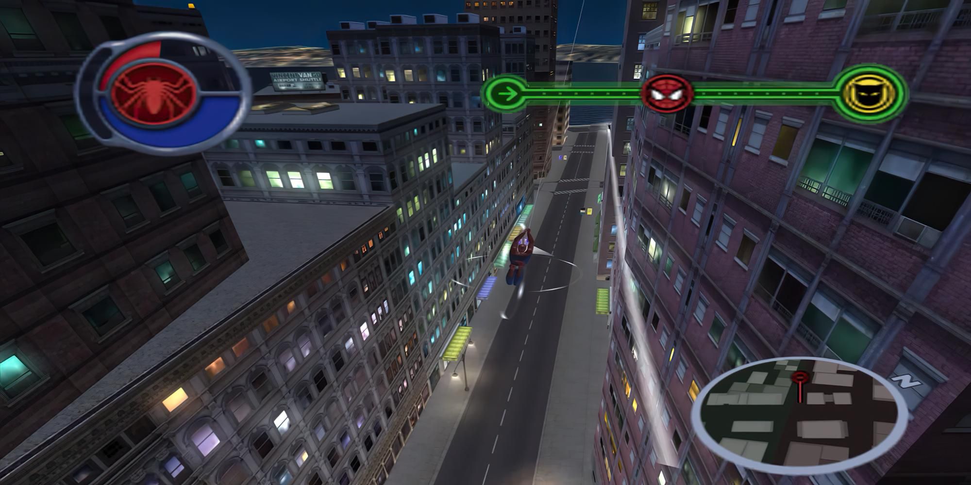 Spider-Man swinging through New York in Spider-Man 2 on PS2
