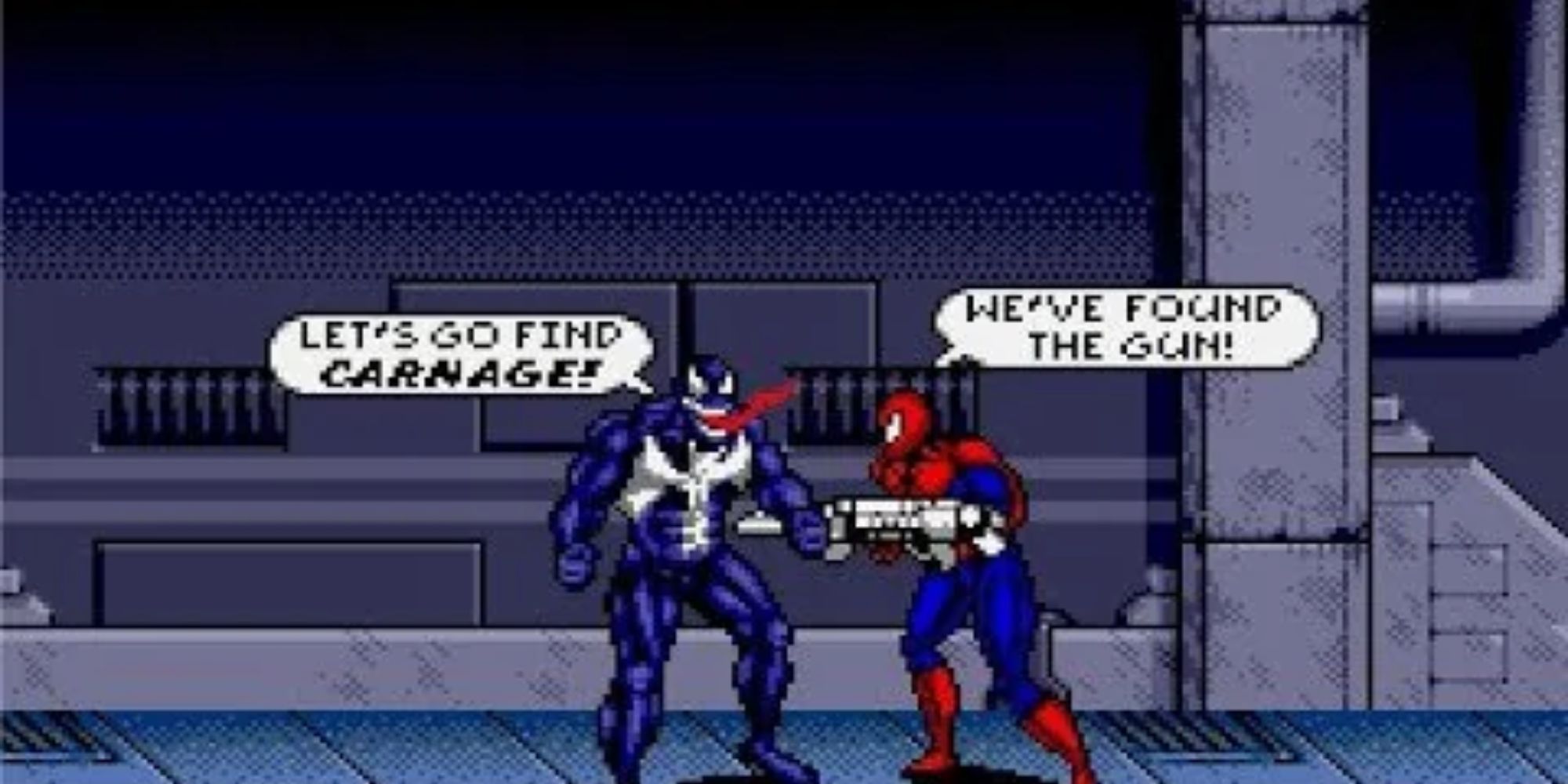 Spider-Man talking to Venom in Spider-Man and Venom Maximum Carnage