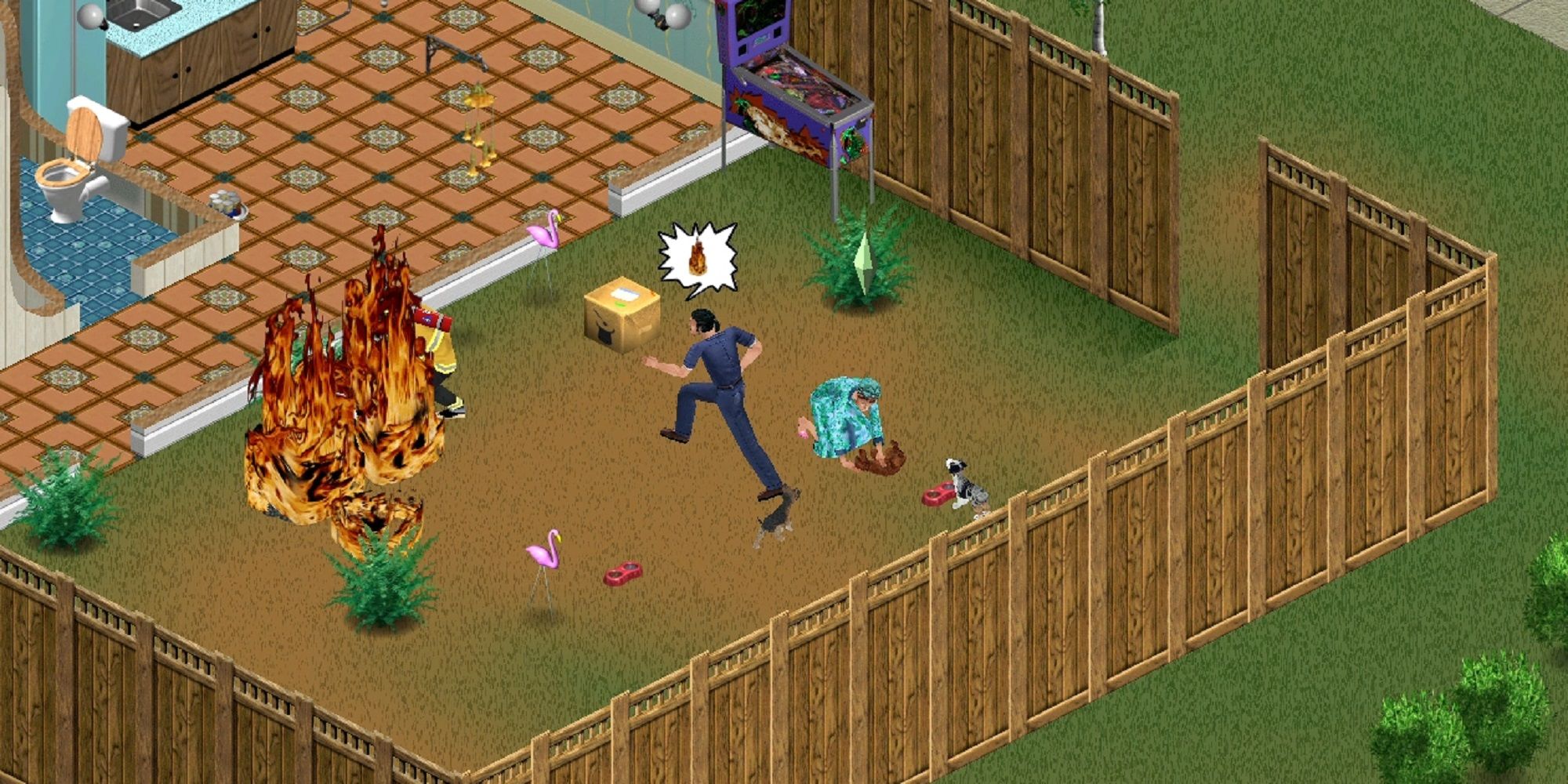 The Sims Legacy Petting a Dog While a Fire Rages