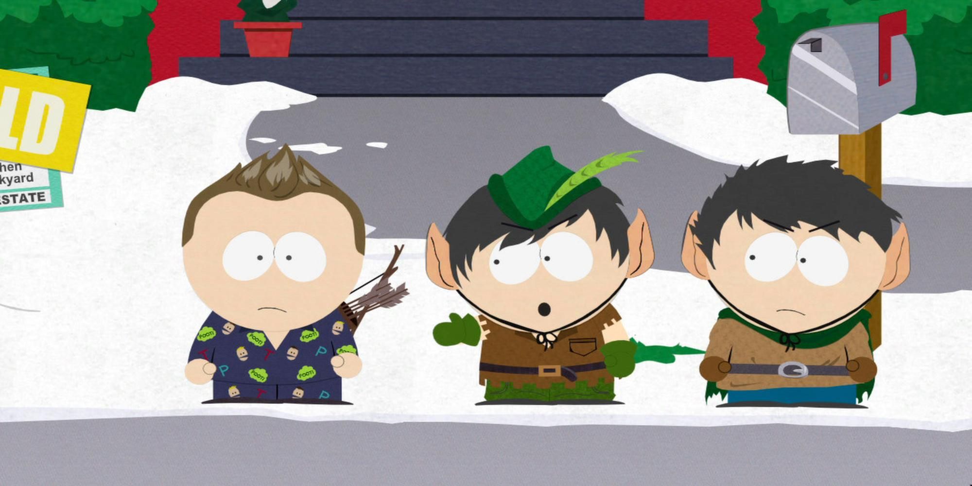 Three characters standing on snow in South Park The Stick of Truth