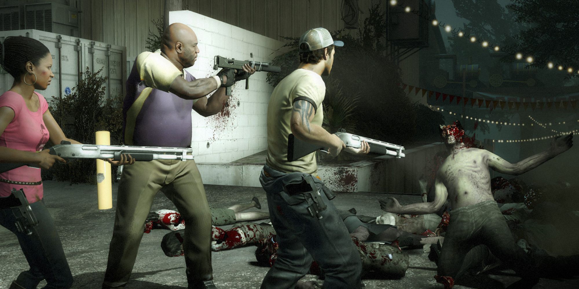 Three players shooting at zombies in Left 4 dead 2