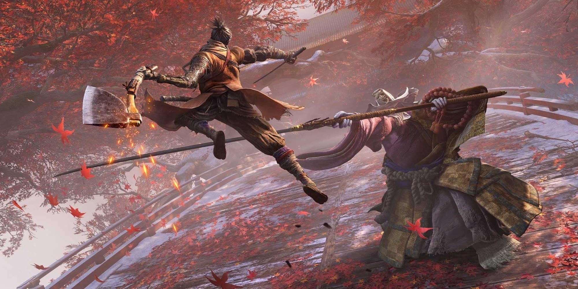 Wolf attacking True Corrupted Monk in Sekiro Shadows Die Twice