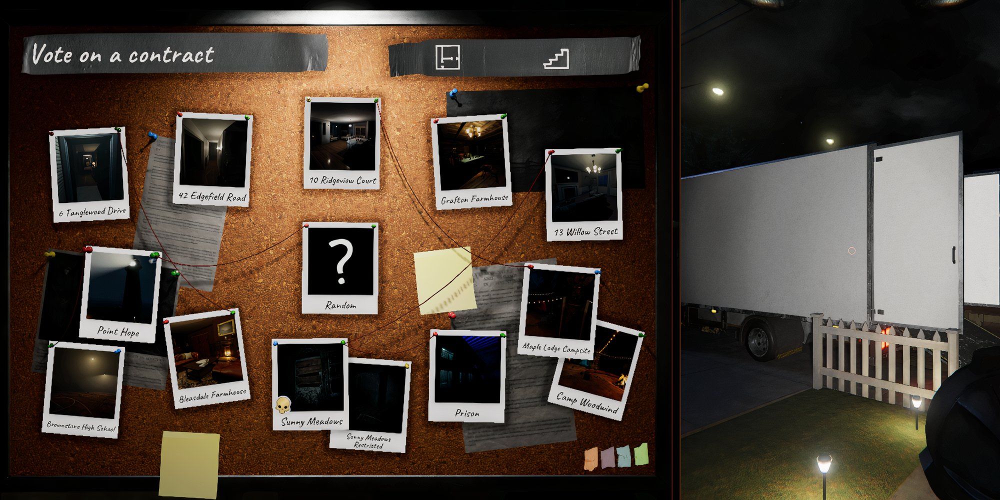 All Phasmophobia Maps on the selection page with the van loaded to the left