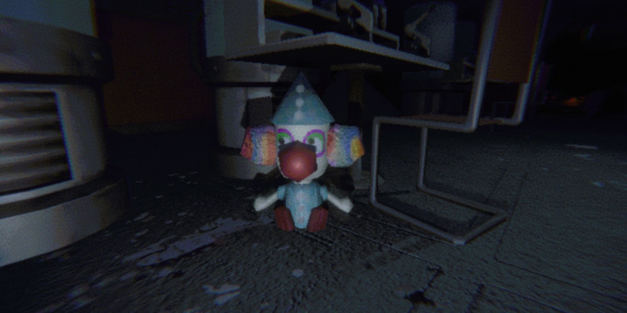 La bombe jouet clown, assise sous une sorte de bureau de recherche. 