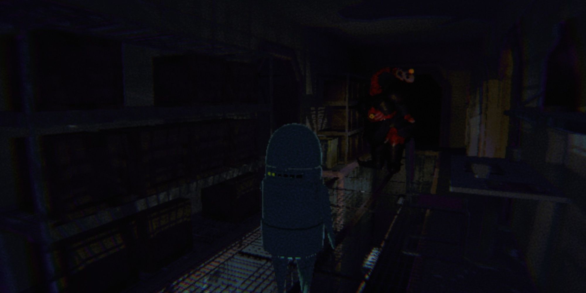 Un compagnon d'équipage Repo face à face avec le trudge dans un couloir sombre.