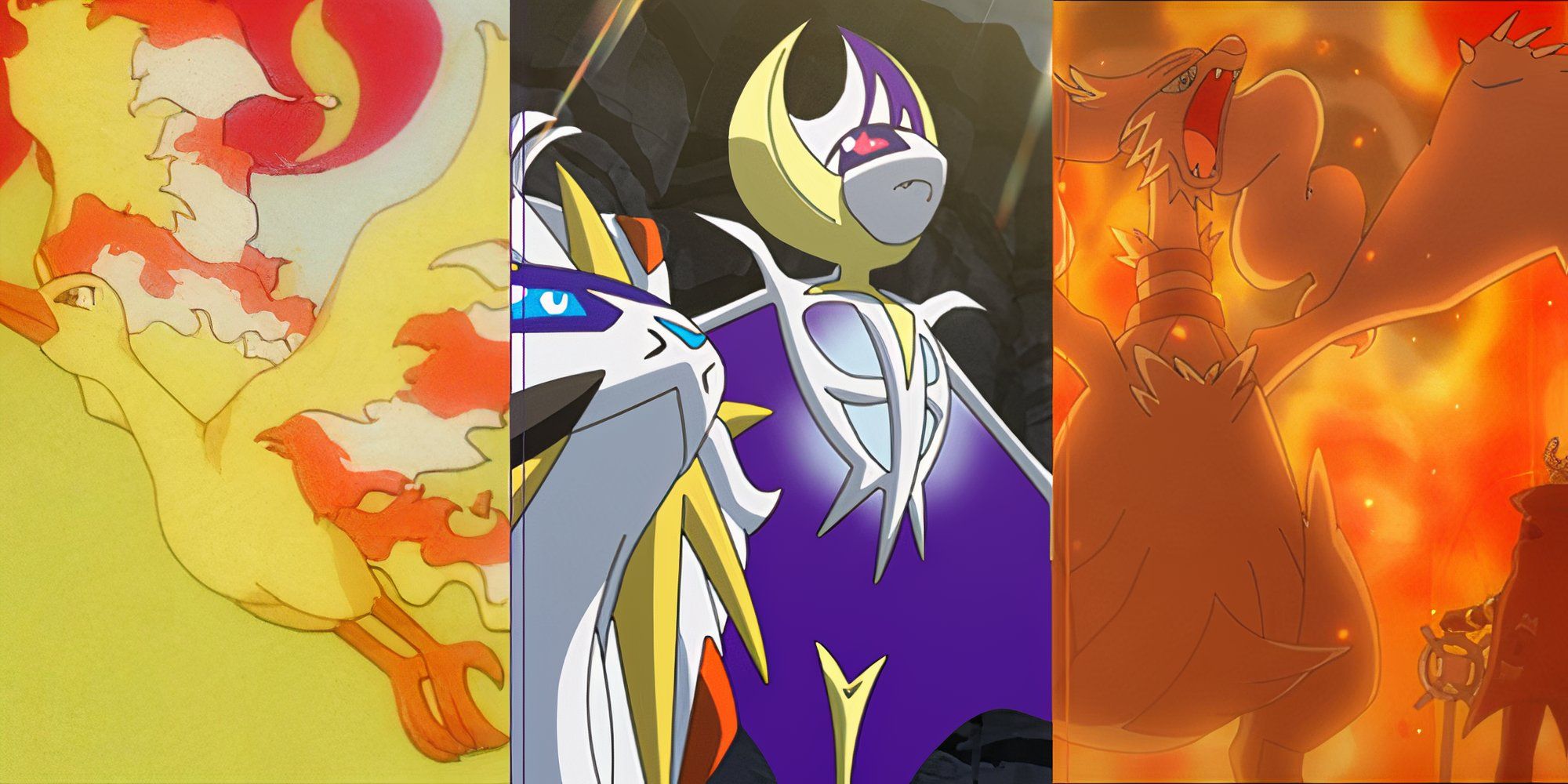 From left to right legendary pokemon Moltres, Solgaleo, Lunala, Reshiram
