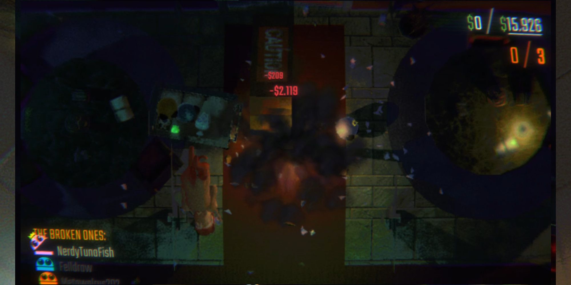 Una escena caótica del cazador cayendo, rodeada de objetos y cabezas de jugadores.