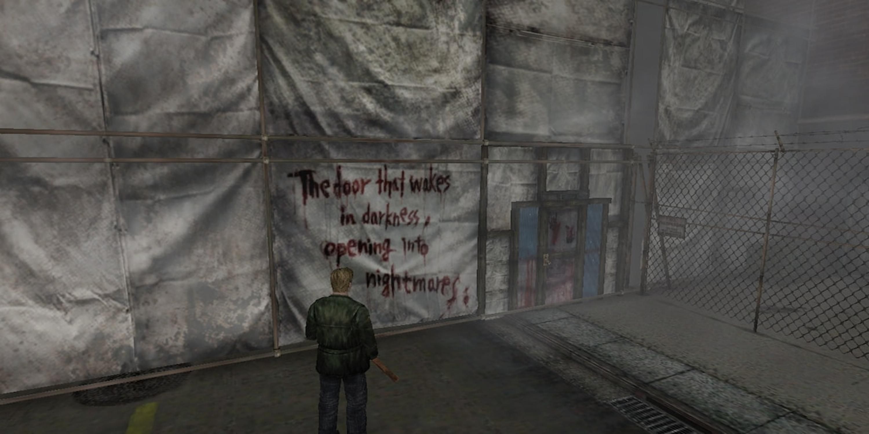 James looking at a writing on a wall in Silent Hill 2