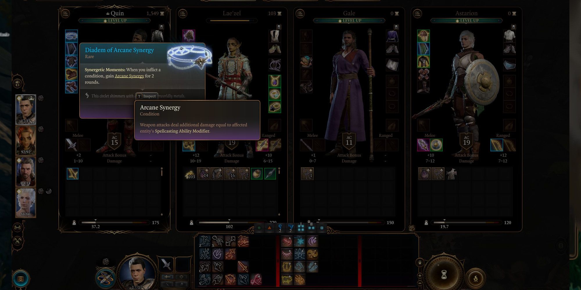 A player examining the Arcane Synergy buff in a menu.