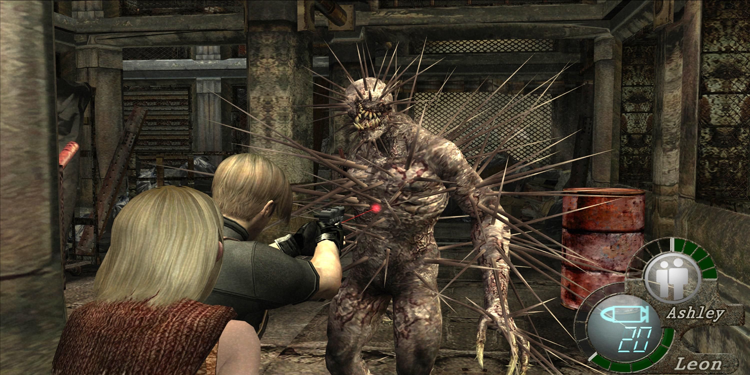 Leon shooting at a monster with a pistol in Resident Evil 4