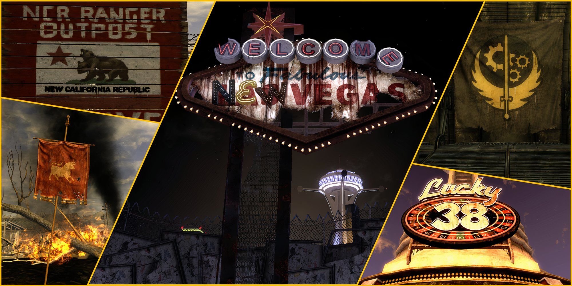 10-Things-We-Want-To-See-in-a-Fallout-New-Vegas-Remaster-NCR-Sign-Caesar's-Legion-flag-Brotherhood-of-Steel-banner-New-Vegas-sign-and-Lucky-38-casino-sign