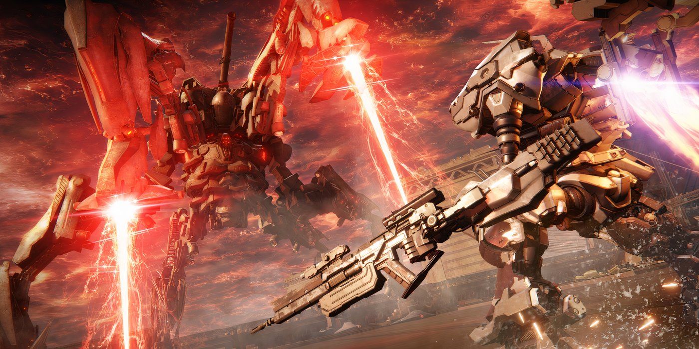 Armored-Core-VI-Fires-of-Rubicon-Player-Mech-fighting-larger-Mech-with-red-glowing-energy