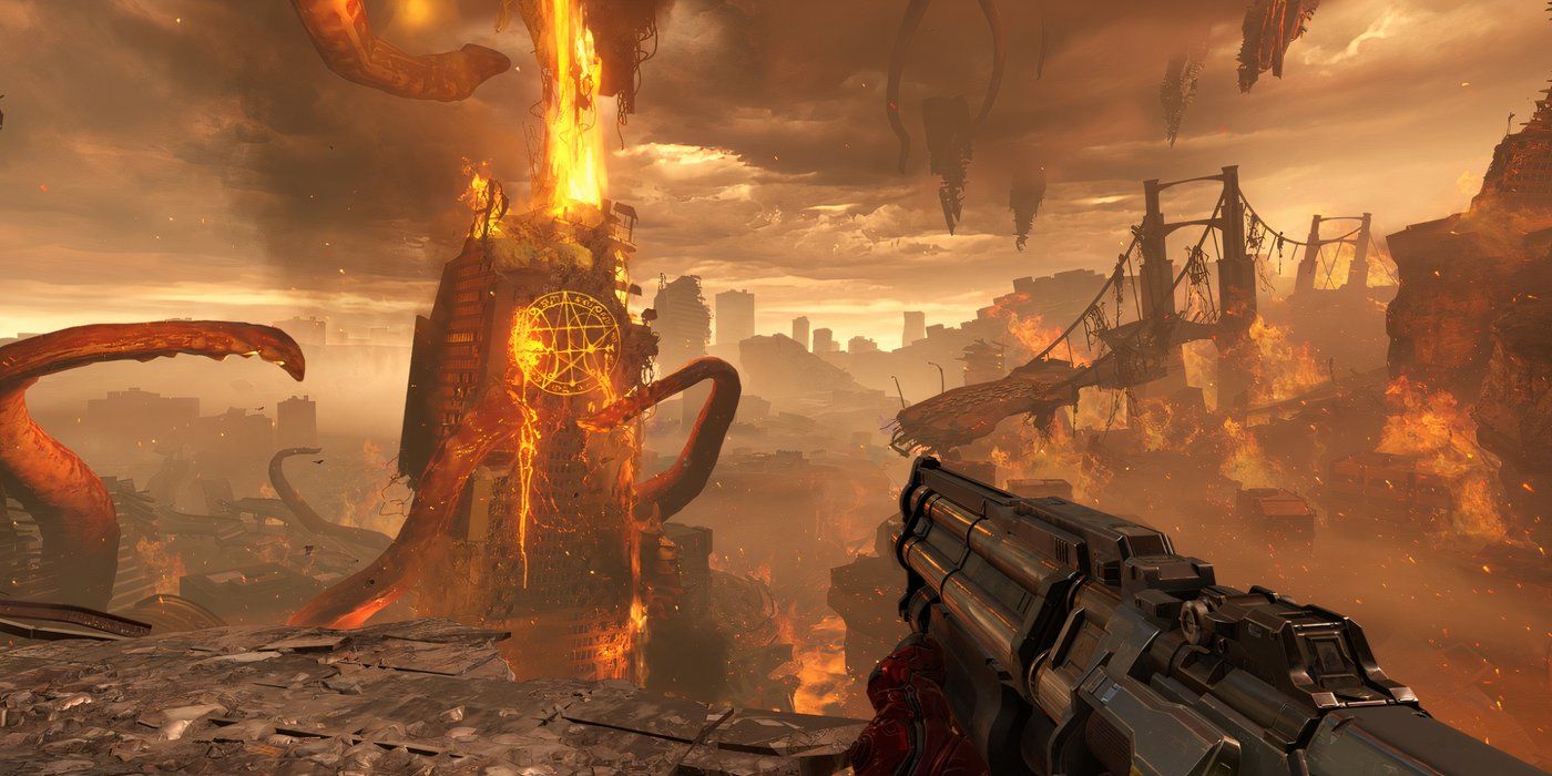 DOOM-Eternal-The-Doom-Slayer-looking-at-ruined-city-on-Earth