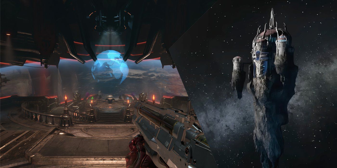 DOOM-Eternal-Split-Image-Doom-Slayer-on-the-Fortress-of-Doom-and-the-Fortress-of-Doom-in-space