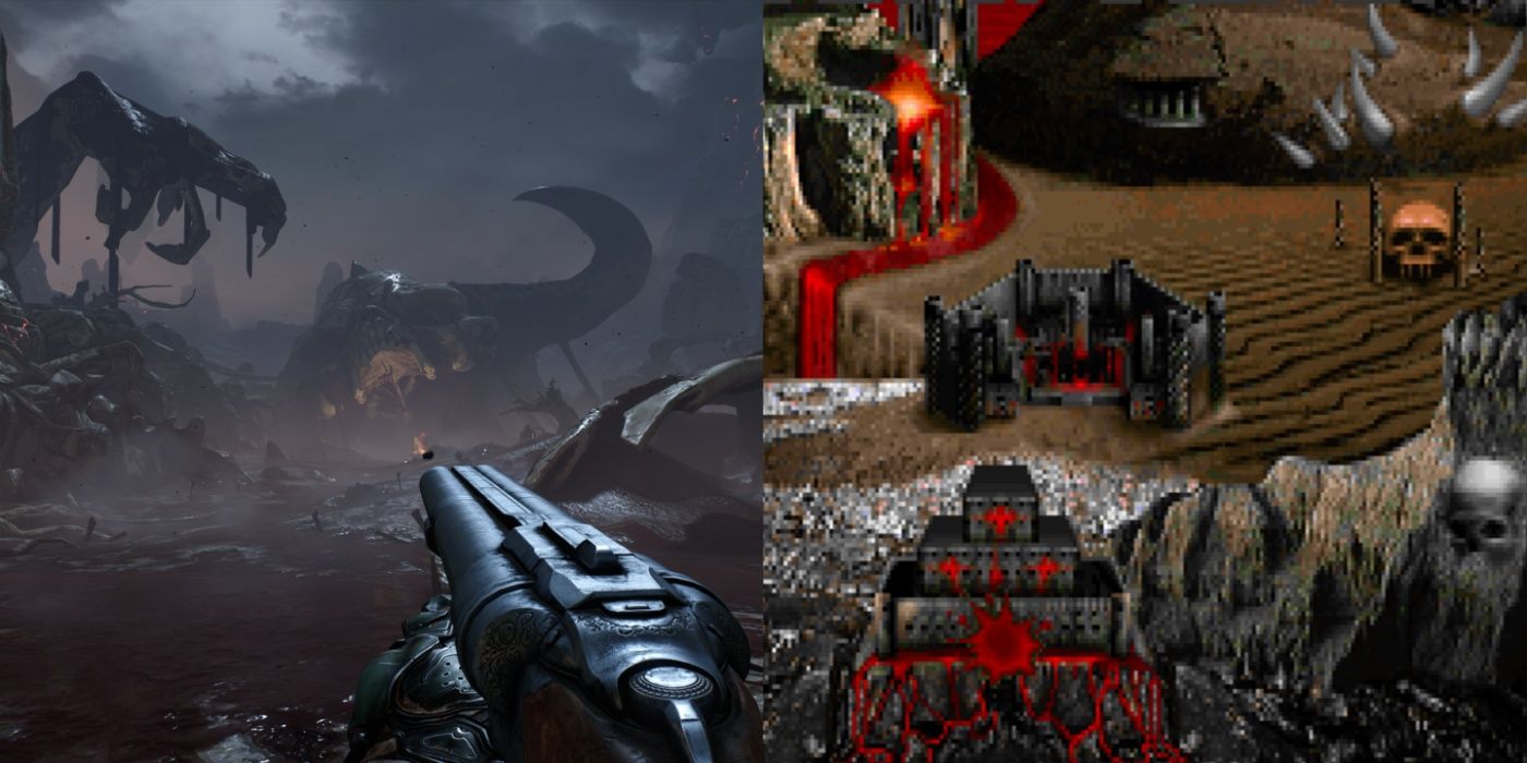 DOOM-Split-Image-DOOM-2016-Doom-Slayer-holding-super-shotgun-Hell-and-DOOM-1993-Map-of-Hell