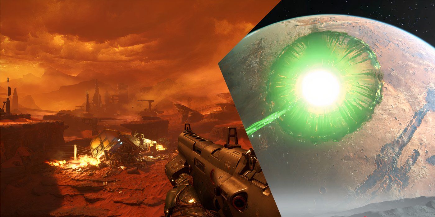 DOOM-Split-Image-DOOM-2016-Doom-Slayer-on-Mars-surface-and-DOOM-Eternal-the-Doom-Slayer-shooting-a-hole-into-the-surface-of-Mars