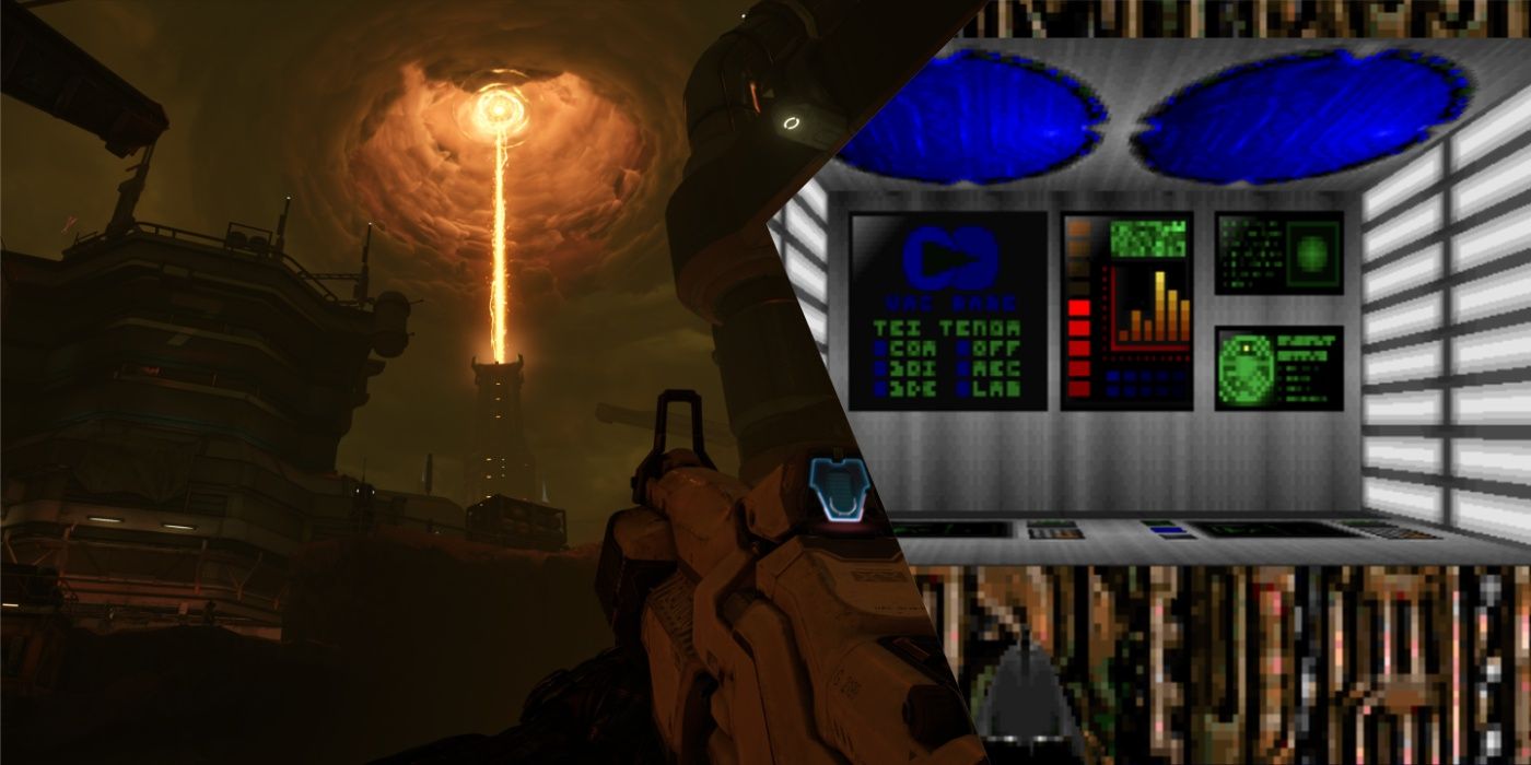 DOOM-Split-Image-Doom-2016-Doom-Slayer-in-UAC-faciilty-looking-at-tower-and-Doom-1993-Doom-Marine-in-UAC-base
