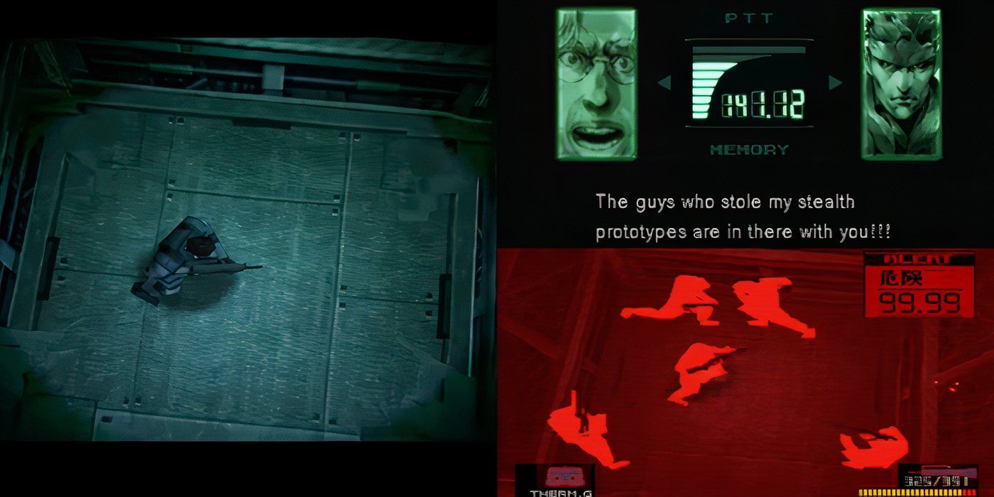 Metal-Gear-Solid-Solid-Snake-on-elevator-with-invisible-soldiers-Thermal-Goggles-view-of-invisible-soldiers-and-Codec-call-with-Otacon-warning-Solid-Snake