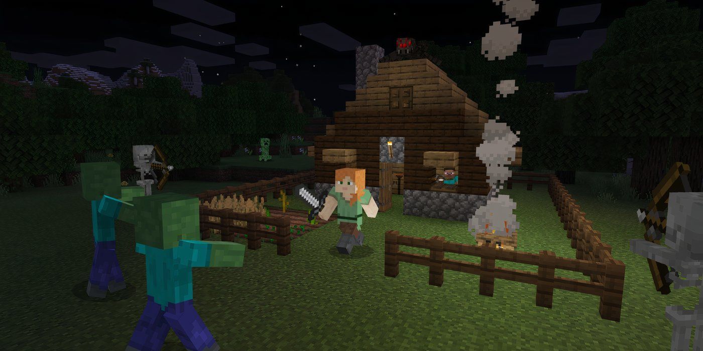 Minecraft-Alex-going-to-face-mob-of-monsters-at-night-while-Steve-cowers-in-house