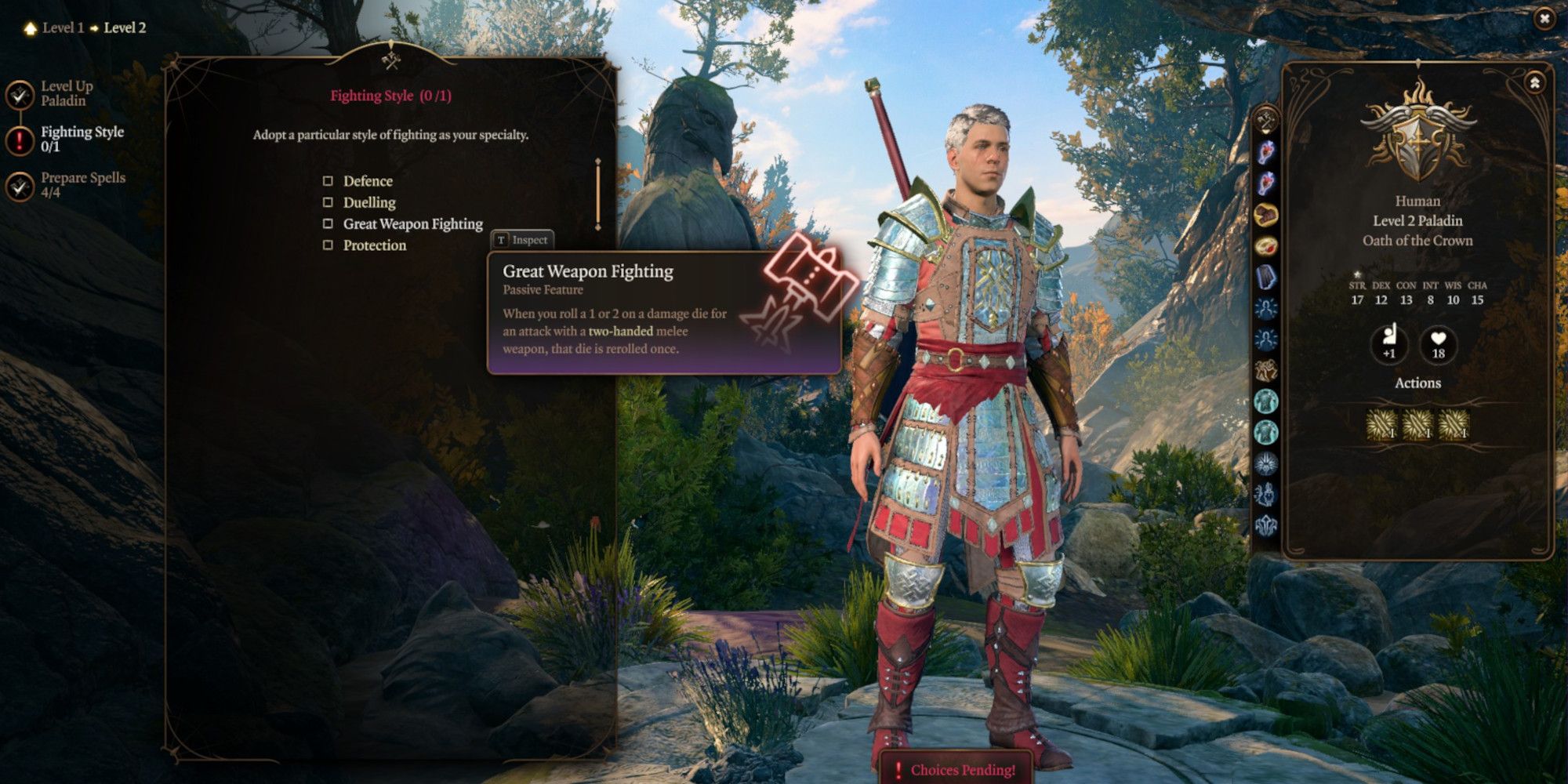 A Paladin choosing their fighting style, with Great Weapon Fighting highlighted.